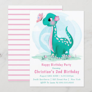 Cute Teal Pink Dinosaur 2nd Birthday Invitations 