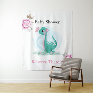 Cute Teal Pink Dinosaur Baby Shower Backdrop Tapestry