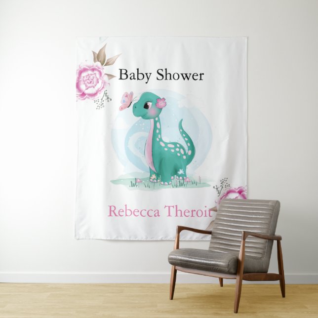 Cute Teal Pink Dinosaur Baby Shower Backdrop Tapestry (In Situ)