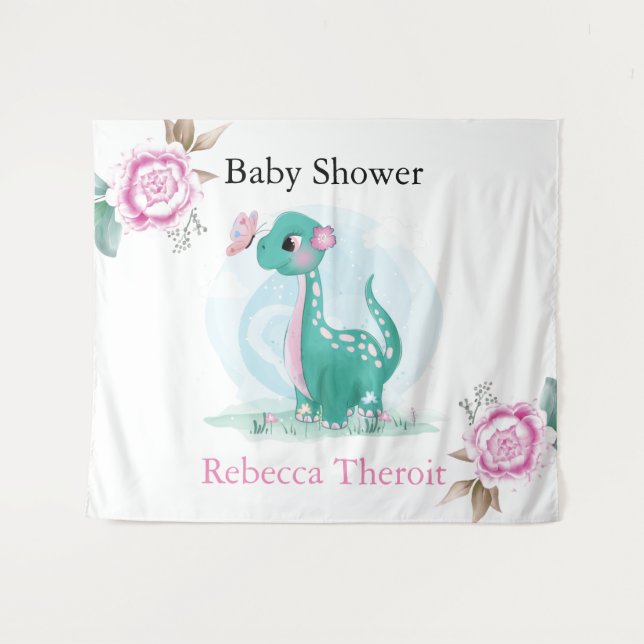 Cute Teal Pink Dinosaur Baby Shower Backdrop Tapestry (Front (Horizontal))
