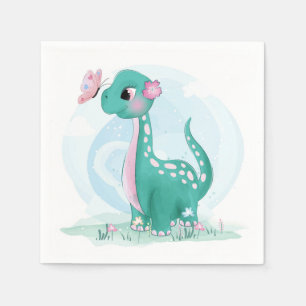 Cute Teal Pink Dinosaur Butterfly Girl Baby Shower Napkin