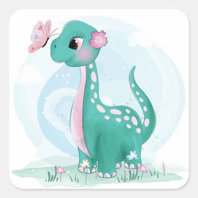 Cute Teal Pink Dinosaur Butterfly Girl Baby Shower Square Sticker (Front)