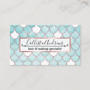 Cute Teal Pink Glitter Watercolor Mermaid Scales Business Card