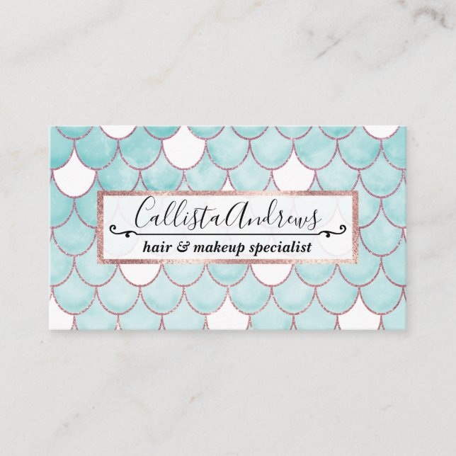 Cute Teal Pink Glitter Watercolor Mermaid Scales Business Card (Front)