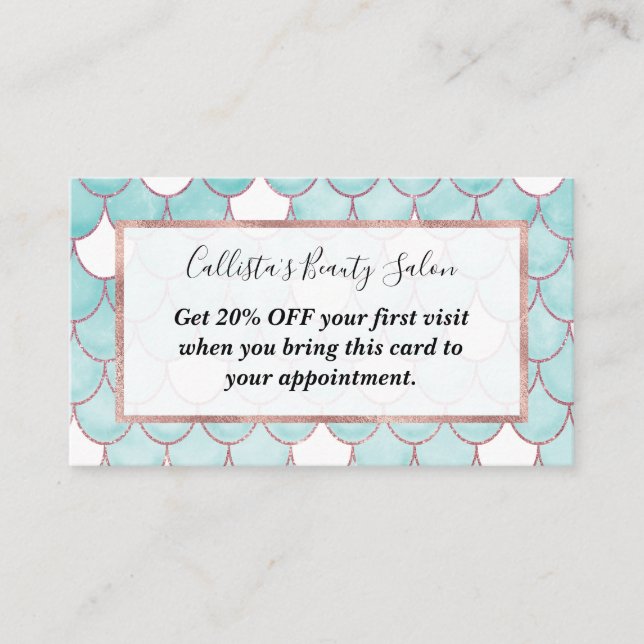Cute Teal Pink Glitter Watercolor Mermaid Scales Discount Card (Front)