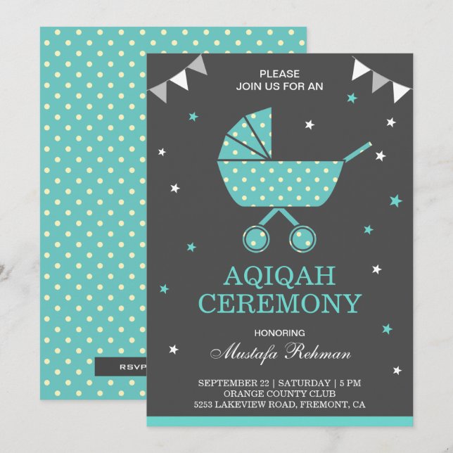 Cute Teal Pram Baby Boy Aqiqah Invitation (Front/Back)
