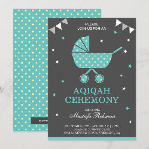 Cute Teal Pram Baby Boy Aqiqah Invitation