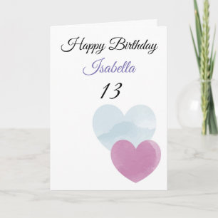 Cute Teal & Purple Watercolor Hearts 13th Birthday Card