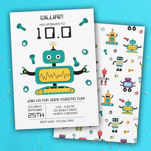 Cute Teal Robot Theme Kids Robots Birthday Party Invitation (Cute Teal Robot Theme Kids Robots Birthday Party Invitation)