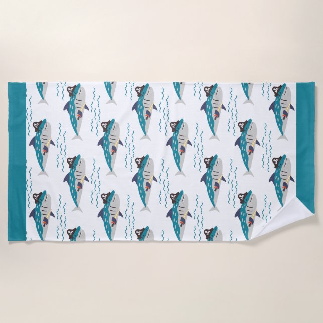 Cute Teal Shark Pirate Waves Seamless Pattern Kids Beach Towel (Front)