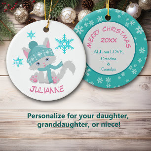 Cute Teal Snowflake Kitten Ceramic Tree Decoration