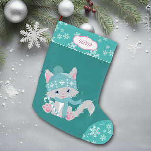 Cute Teal Snowflake Kitten Large Christmas Stocking