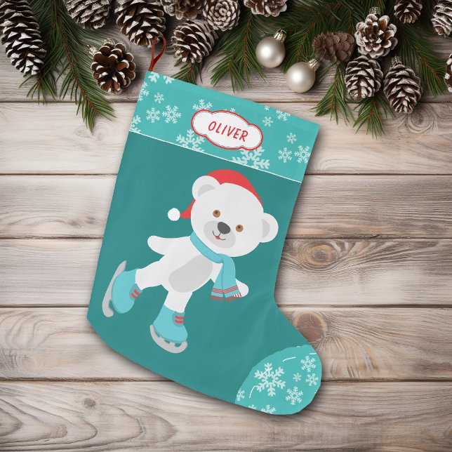 Cute Teal Snowflake Skating Bear Large Christmas Stocking (Creator Uploaded)