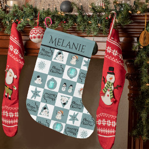 Cute Teal Snowman Large Christmas Stocking