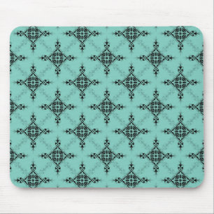 Cute Teal Turquoise and Black Damask Pattern Mouse Mat