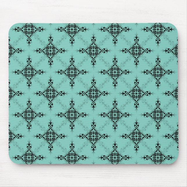 Cute Teal Turquoise and Black Damask Pattern Mouse Mat (Front)