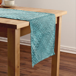 Cute Teal Turquoise Blue Faux Rattan Weave Pattern Short Table Runner
