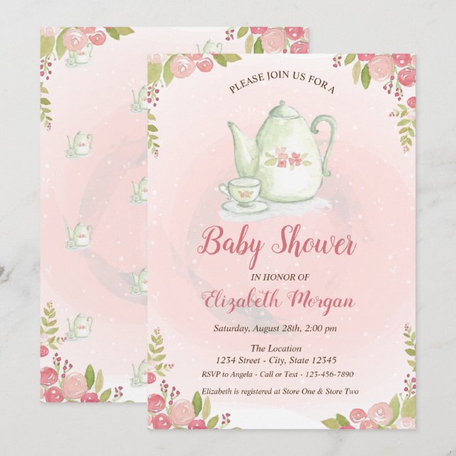 Cute Teapot Floral Baby Shower Invitation (Front/Back)