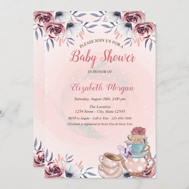 Cute Teapot Floral Tea Party Baby Shower  Invitation (Front/Back)