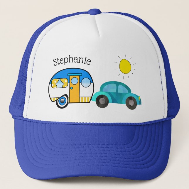 Cute Teardrop Camper Personalised Road Trip Trucker Hat (Front)