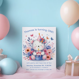 Cute Teddy Bear 1st Birthday Invitation