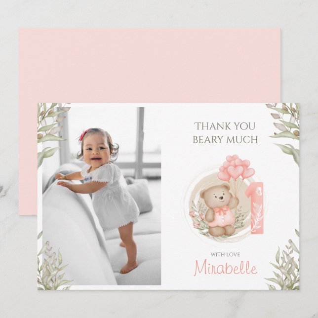Cute Teddy Bear | 1st Birthday | Photo Thank You Card (Front/Back)