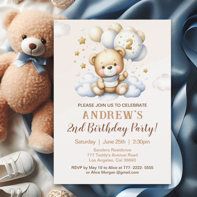 Cute Teddy Bear 2nd Birthday for Boy Invitation (Creator Uploaded)