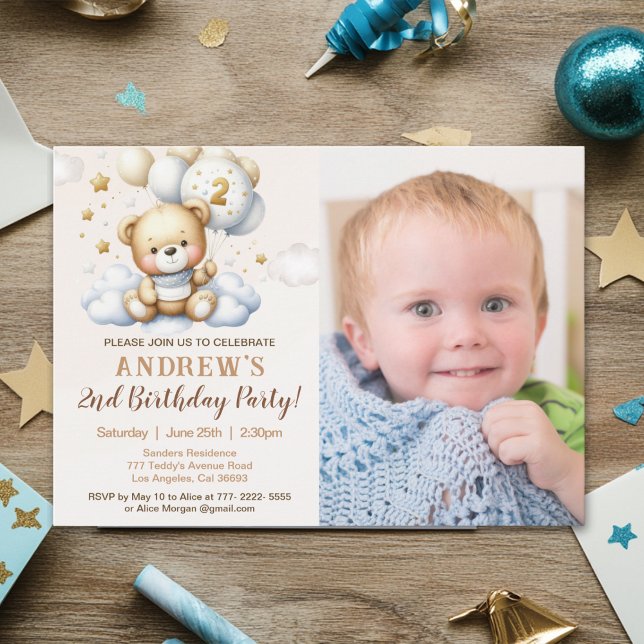 Cute Teddy Bear 2nd Birthday for Boy with photo Invitation (Creator Uploaded)
