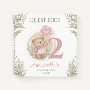 Cute Teddy Bear 2nd Birthday Pink Guest Book