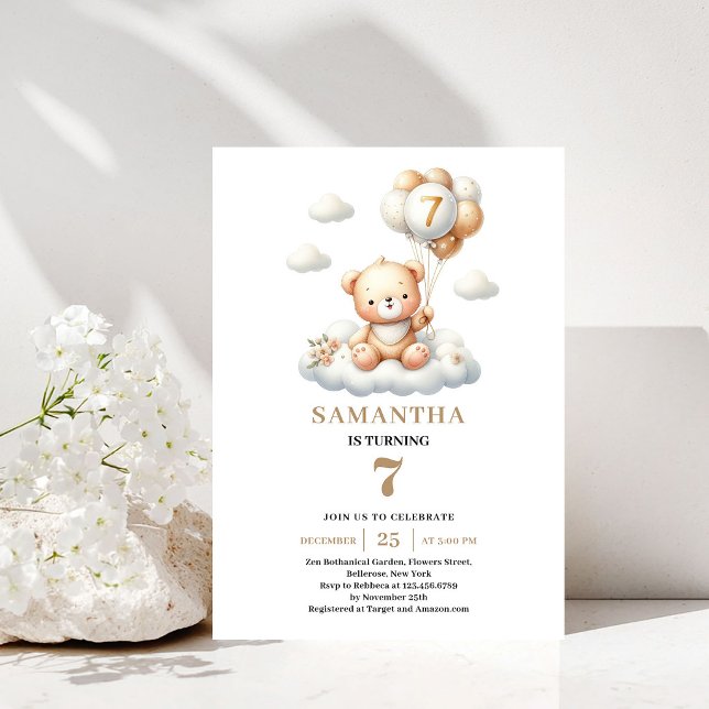 Cute Teddy Bear 7th Birthday Gold Balloon Invite (Cute Teddy Bear 7th Birthday Gold Balloon Invite)