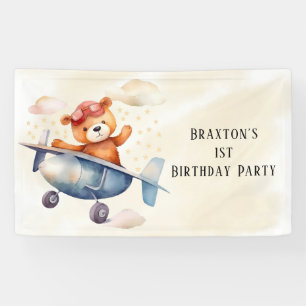 Cute Teddy Bear Aeroplane 1st Birthday Party  Banner