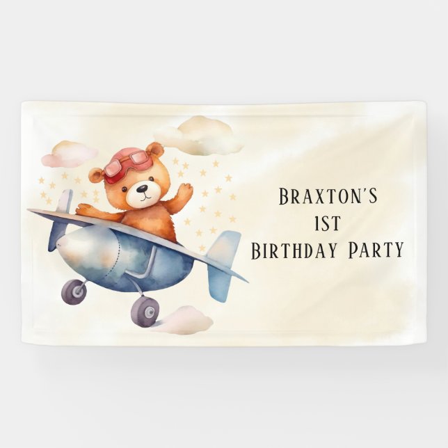 Cute Teddy Bear Aeroplane 1st Birthday Party  Banner (Horizontal)