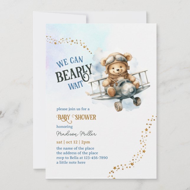  Cute Teddy Bear Aeroplane Baby Boy Shower Invitation (Front)