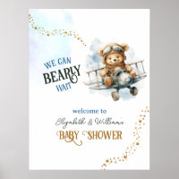 Cute Teddy Bear Aeroplane Baby Boy Shower Welcome