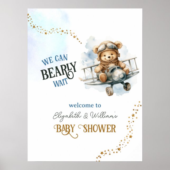  Cute Teddy Bear Aeroplane Baby Boy Shower Welcome Poster (Front)