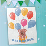 Cute Teddy Bear and Balloons Kid`s Name Jigsaw Puzzle<br><div class="desc">Cute Teddy Bear and Balloons Kid`s Name jigsaw puzzle. Balloons in blue,  red,  pink and yellow colours. Cute teddy bear drawing. Add your name.</div>