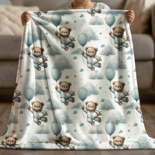 Cute Teddy Bear and Balloons Watercolor Fleece Blanket