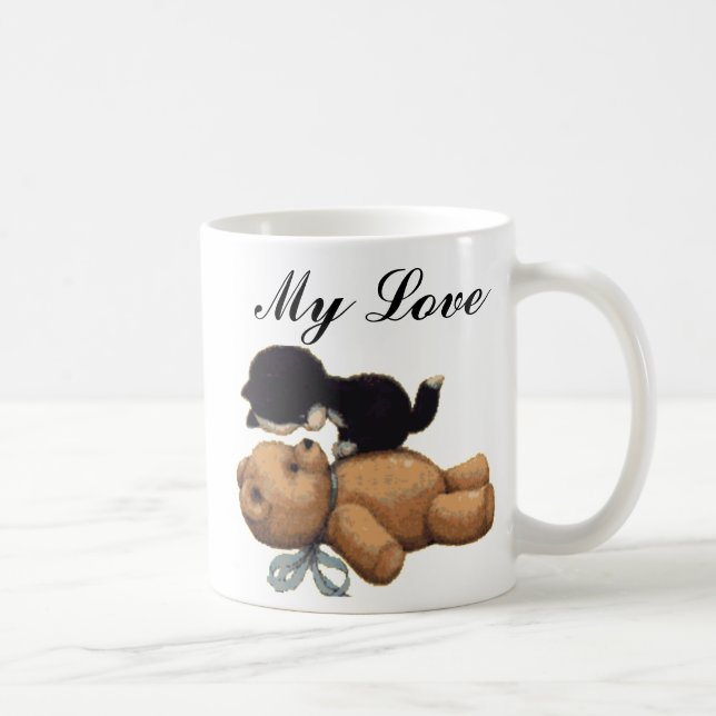 Cute Teddy Bear And Black Cat - My Love Coffee Mug (Right)