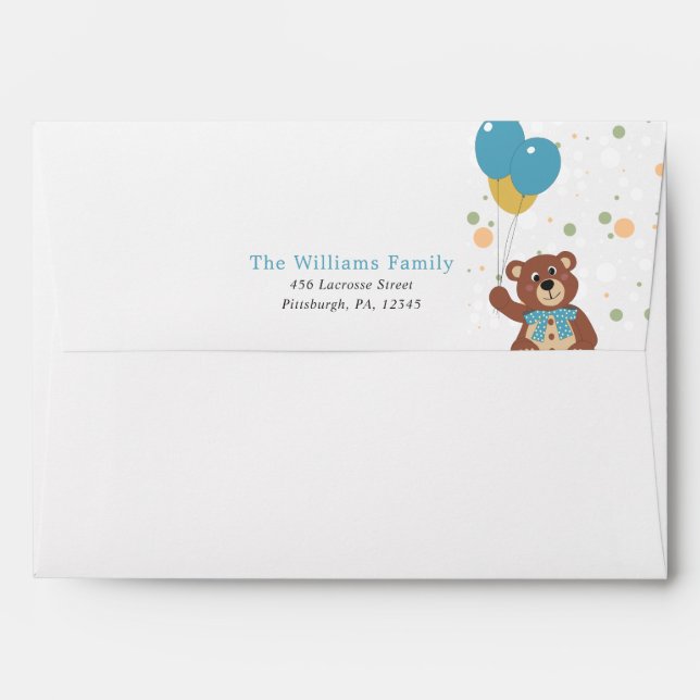 Cute Teddy Bear and Blue Balloons Baby Boy Shower Envelope (Back (Top Flap))