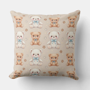 Cute Teddy Bear and Blue Bows Seamless Pattern Cushion