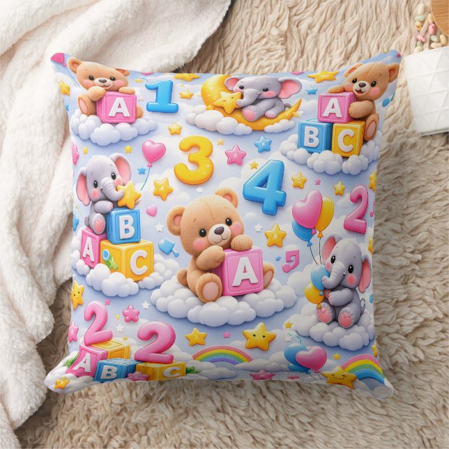Cute teddy bear and elephant a Numbers throw cushi Cushion (Blanket)