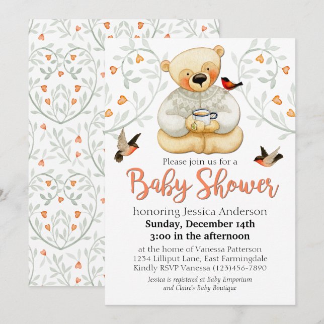 Cute Teddy Bear and Hearts Baby Shower Invitation (Front/Back)