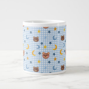 Cute Teddy Bear and Moon Pattern on Blue Gingham  Large Coffee Mug