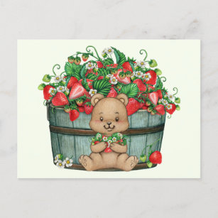 Cute Teddy Bear and Rustic Strawberry Basket  Postcard