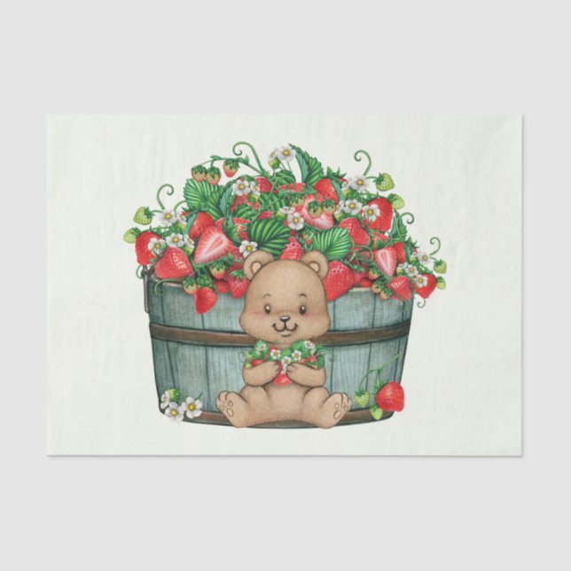 Cute Teddy Bear and Rustic Strawberry Basket  Tissue Paper (Front)