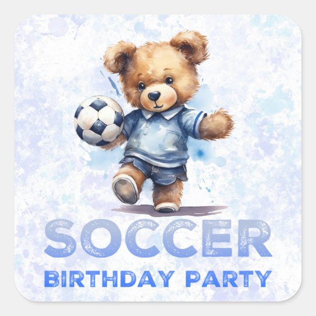 Cute Teddy Bear and Soccer Birthday Party Square Sticker (Front)