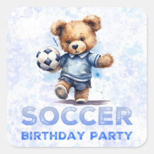 Cute Teddy Bear and Soccer Birthday Party Square Sticker