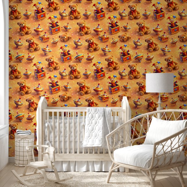 Cute teddy bear and spinning top pattern warm vint wallpaper (Kids)