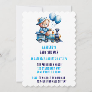 Cute Teddy Bear and Train Boy Baby Shower Invitation