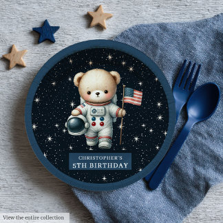 Cute Teddy Bear Astronaut Baby Boy Shower Party Paper Plate